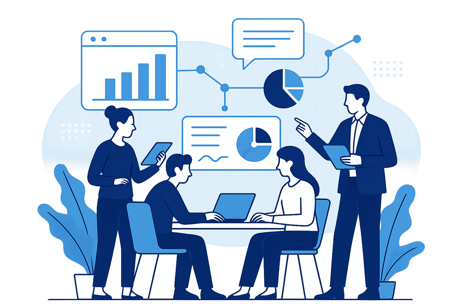 Equipo trabajando con analítica y tecnología